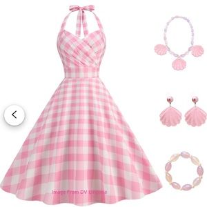 Pink Gingham Barbie Dress Costume Womens XL (with Jewelry)